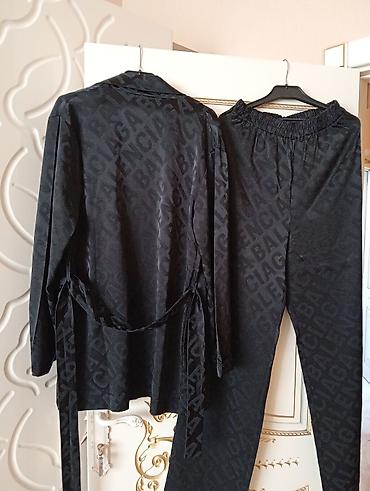 cool paltarlar: Qadın pijama stildə şalvar + kimano dəsti – qara rəng, atlas parça - — 5