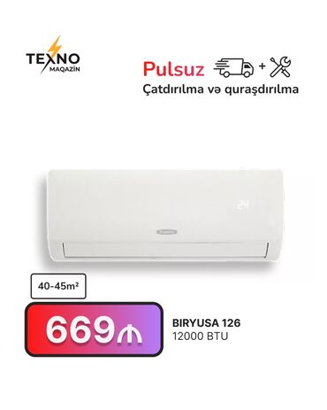 Kondisioner 40-45 kv. m, Split sistem, Kredit yoxdur, Pulsuz quraşdırılma