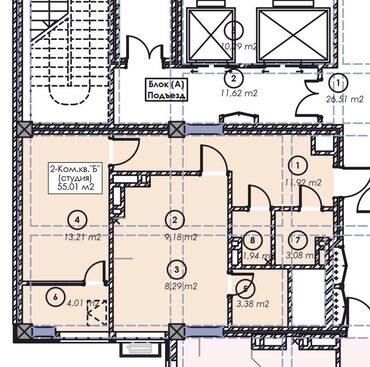 микрорайон квартиры: 2 комнаты, 55 м², Элитка, 9 этаж, ПСО (под самоотделку)