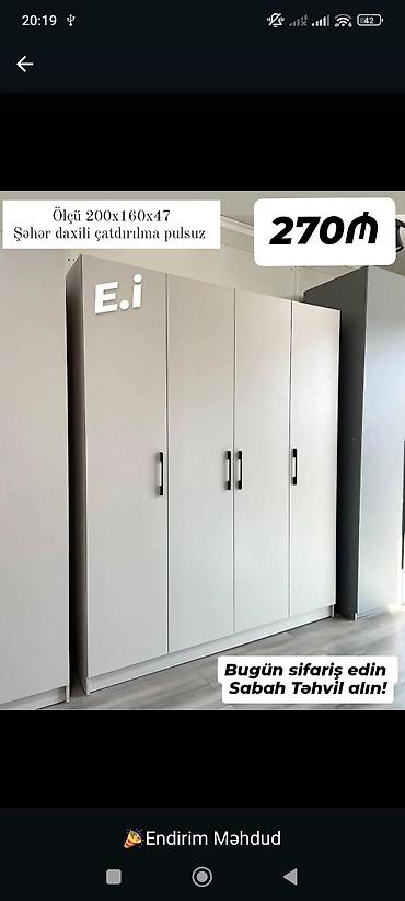 Məhsul: 4 qapılı geyim dolabı Ölçü: 200 x 160 x 47 sm Rəng: açıq lalafo.az -da Məhsul: 4 qapılı geyim dolabı Ölçü: 200 x 160 x 47 sm Rəng: açıq