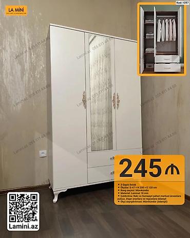 Dolablar: - Məhsul: 3 qapılı paltar dolabı (Kod: 1097) - Rəng: məxmər ağ (şüşəli — 1