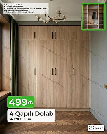 Dolablar: 4 qapılı şkaf – ölçü: 47×280×160 sm Xüsusiyyətlər: - Material: 18 mm — 1