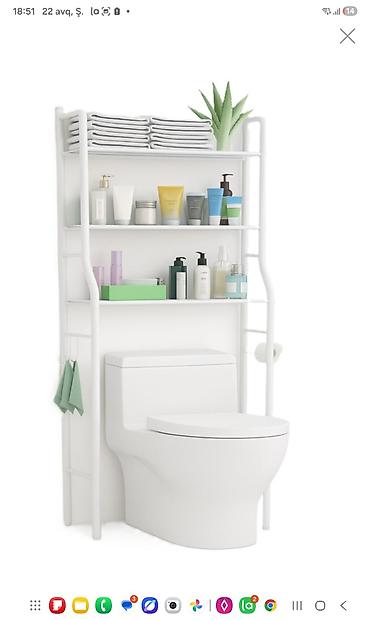 Rəflər: Tualet üstü rəf sistemi – minimalist dizaynlı, ağ rəngdə, vanna — 1