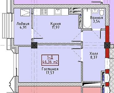 46: 1 комната, 46 м², 16 этаж, ПСО (под самоотделку) — 4