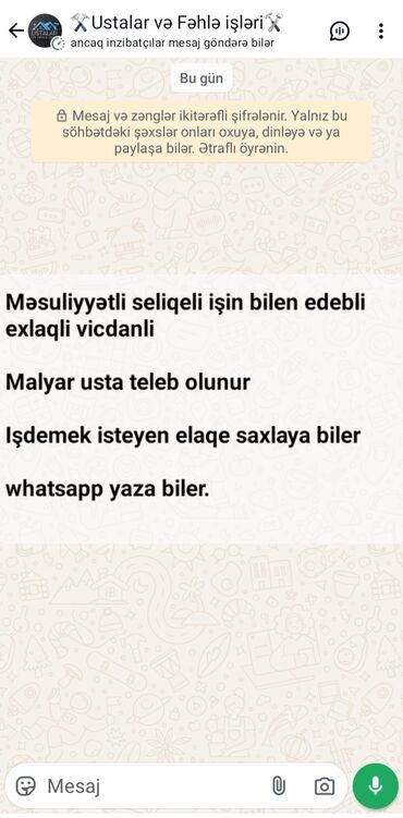 Əməkdaş axtarışı (vakansiyalar): Bənna tələb olunur, 6 ildən artıq təcrübə, 6/1, Həftəlik ödəniş