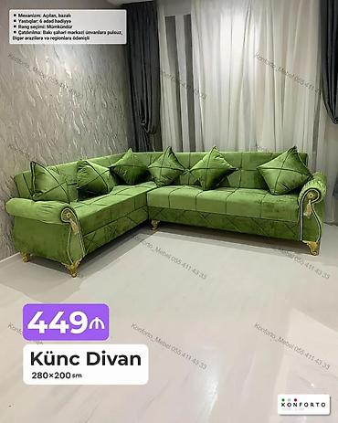 Künc divan – 280×200 sm - Açılır, bazalı mexanizm - 6 ədəd yastıq