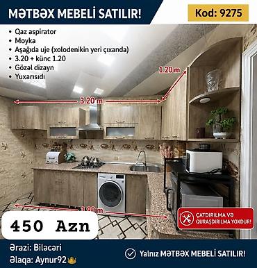 Aynur92👑 Kod: 9275 Mətbəx mebeli satılır 💰 Qiymət: 450 AZN ✅ Qaz
