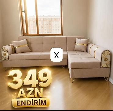 Divanlar: Künc divan – bej rəngdə, qızılı detallar və naxışlı yan panellər ilə — 1