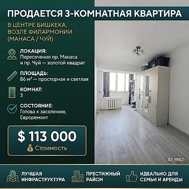 3 комнаты, 86 м², Филармония Индивидуалка, 9 этаж, Евроремонт