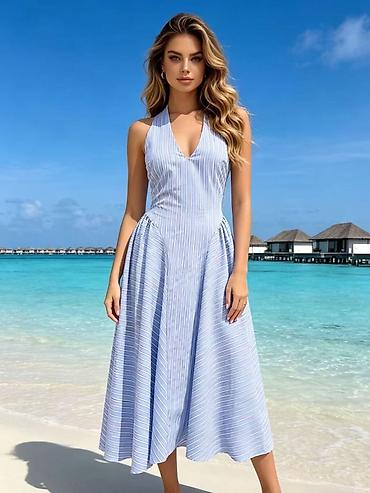seastar blue: Letnja midi haljina na pruge – V izrez i halter vezanje iza vrata 2700 — 3