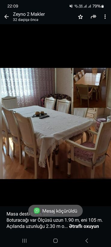 Masa və oturacaq dəstləri: Masa desti 650₼ satılır 8oturacağı var Ölçüsü uzun 1.90 m, eni 105 m