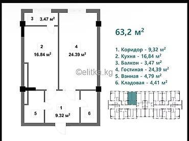 Продажа квартир: 2 комнаты, 63 м², Восток-5 мкр Элитка, 4 этаж, ПСО (под самоотделку) — 2
