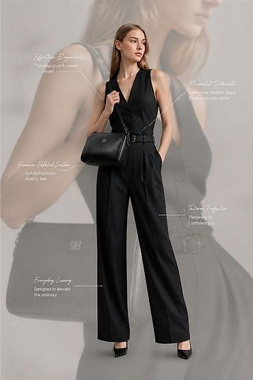 crna torba mona: Crna kožna torba sa teksturom – minimalistički dizajn - Materijal — 3