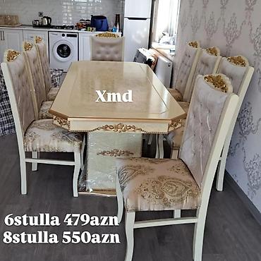 Masa və oturacaq dəstləri: Masa və 6 stul dəsti – Xmd • Komplekt: 1 yemək masası + 6 ədəd stul — 84