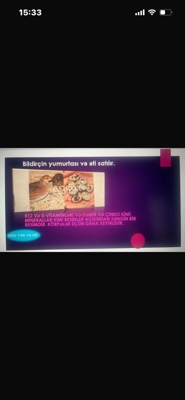 tulçinka yağı tərkibi: Bildirçin yumurtası və əti satılır. B12 və D vitaminləri, dəmir və