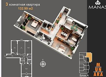 3 комнаты, 133 м², Асанбай мкр Элитка, 8 этаж, ПСО (под самоотделку)