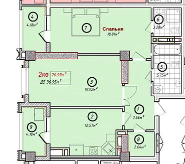 немецкий квартал нбк: 2 комнаты, 77 м², Асанбай мкр Элитка, 6 этаж, ПСО (под самоотделку) — 2