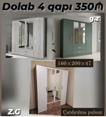 3 qapili dolab: Qarderob, paltar dolabı, Yeni, 4 qapılı, Açılan, Düz dolab