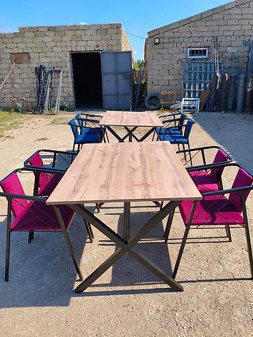 həyət üçün stol: Metal karkaslı masa və 4 stul dəsti - Masa: düzbucaqlı forma, ağac — 4