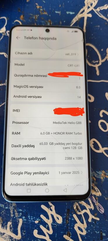 işlənmis telefonlar: Honor X8a, 128 GB, rəng - Göy, Qırıq, Barmaq izi, İki sim kartlı