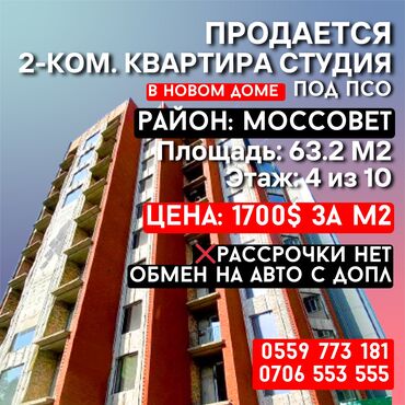 квартира в рассрочку: 2 комнаты, 63 м², Элитка, 4 этаж, ПСО (под самоотделку)