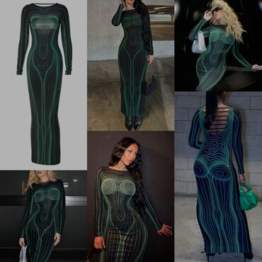 зеленое вечернее платье: Вечернее платье, Классическое, Длинная модель, Полиэстер, С рукавами, Открытая спина, M (EU 38), L (EU 40)