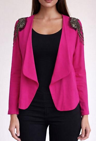 satenske helanke: Ženski elegantni sako u fuksija roze boji. Model bez kopčanja, sa — 1