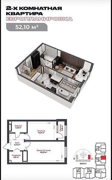 таунхаус киргизия 2: 2 комнаты, 52 м², Технопарк 2 этаж, ПСО (под самоотделку) — 1