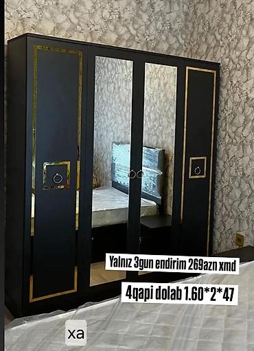 4 qapılı qarderob dolabı - Ölçü: 1.60 × 2 × 47 - Rəng: qara, qızılı
