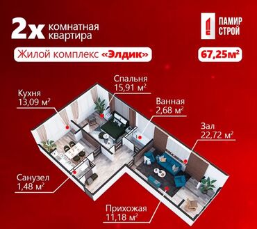 горький квартира: 2 комнаты, 67 м², 106 серия улучшенная, 6 этаж, ПСО (под самоотделку)