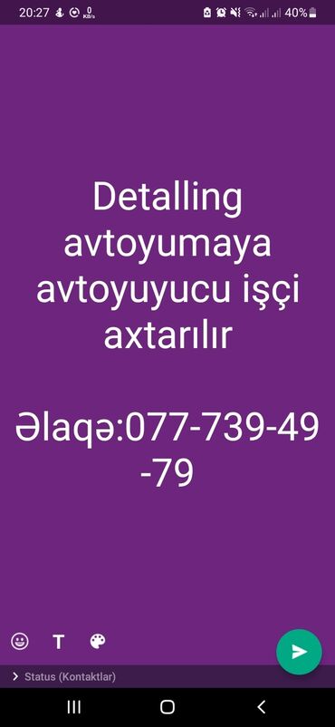 gəncə is elanlari v Azərbaycan | DIGƏR IXTISASLAR: Avtoyumaya işçi axtarılır. 2 işçimiz var əlavə 2 işçi