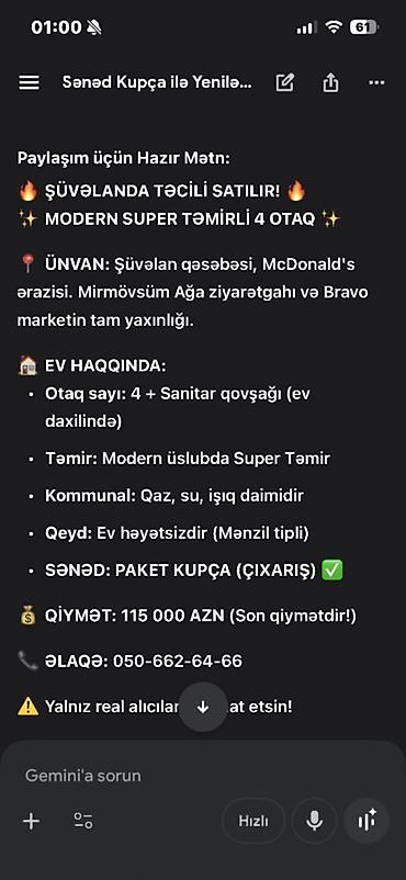 qaracuxur qəsəbəsi: Şüvəlanda modern üslubda təmirli 4 otaqlı mənzil tipli ev Ünvan: - — 1