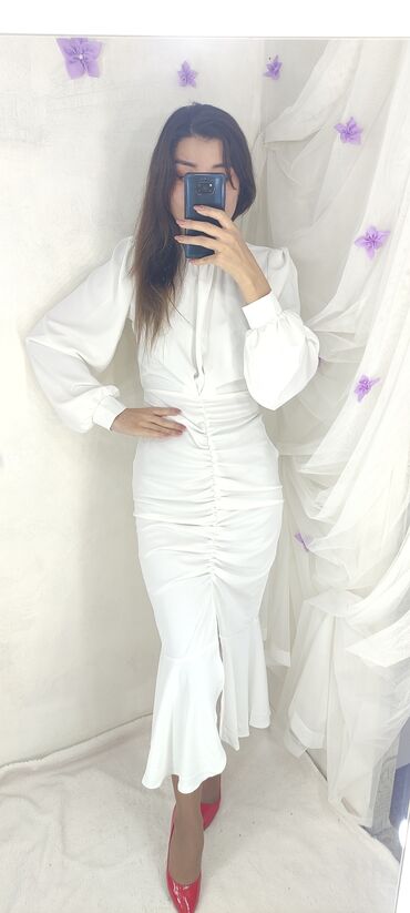 белый платья: Повседневное платье, Лето, Длинная модель, Шифон, 2XL (EU 44)