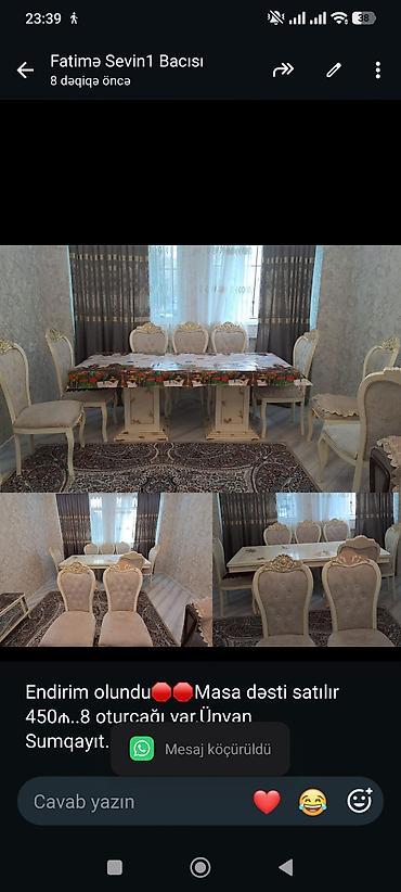 Endirim olundu🛑🛑Masa dəsti satılır 450₼. 8 oturcağı var.Ünvan