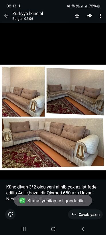mebel divanlar: Künc divan, İşlənmiş, Açılan, Bazalı, Çatdırılma yoxdur
