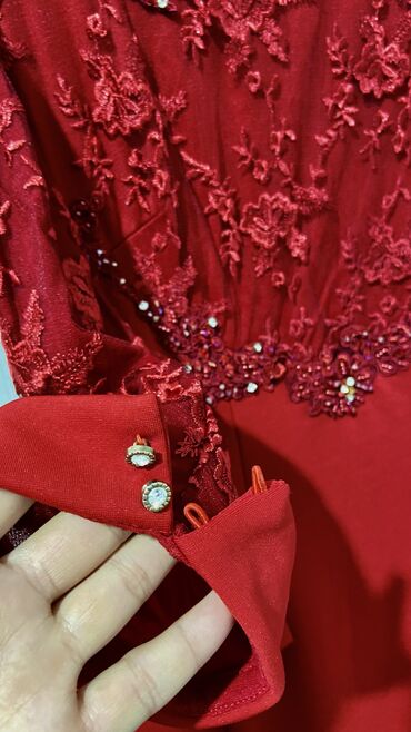 вечерние красное платье: Вечернее платье, Русалка, Длинная модель, С рукавами, Камни, L (EU 40), XL (EU 42)