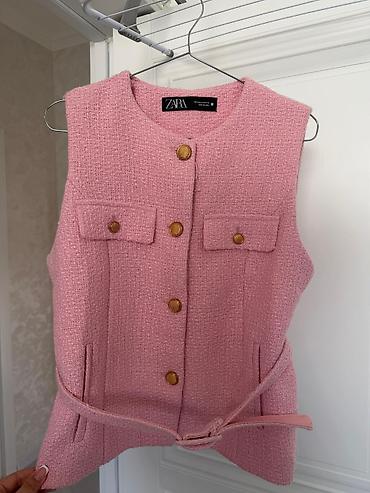 kətan şalvarlar: ZARA qadın jileti – tweed fakturalı, açıq çəhrayı rəng. - Model — 2