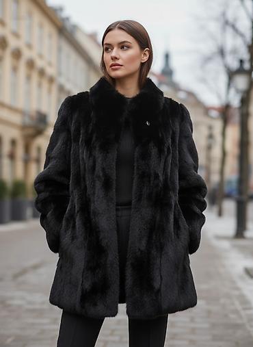 Шубы: Шуба черная,.мех кроликс капишоном — 2