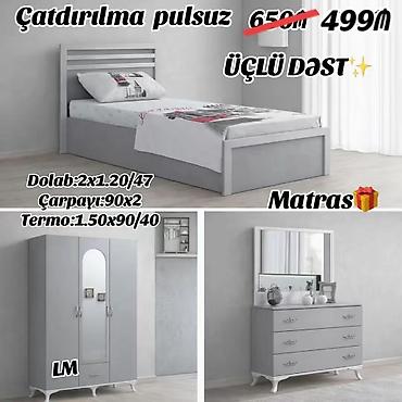 Üçlü yataq otağı dəsti – boz rəngdə, minimalist dizayn. Tərkibi: -