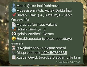 Tibb, əczaçılıq: Əczaçı tələb olunur, 30-45 yaş, 1-2 illik təcrübə, Gecə növbəsində iş — 1