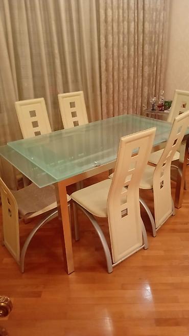 susə stollar: Şüşə stol və 6 ədəd stul komplekti - Stol: düzbucaqlı formalı, qalın — 1