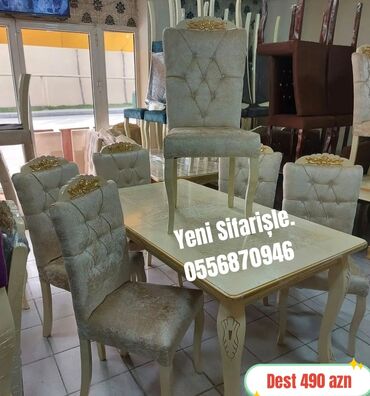 Masa və oturacaq dəstləri: Qonaq otağı üçün, Yeni, Açılan, Dördbucaq masa, 6 stul — 5