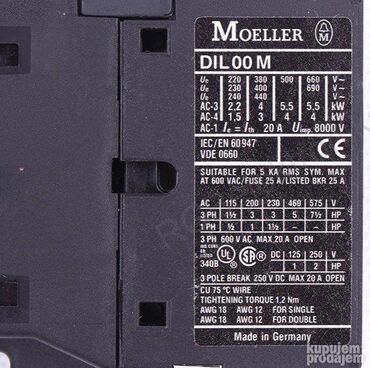 Elektro materijal: #0393 Kontaktor moeller DIL00M 220-240V 600VAC ITH=20A Informacije — 7