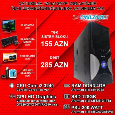 Masaüstü kompüterlər və iş stansiyaları: Sistem Bloku "Qori DDR3 1155 H61/Core i3 3240/4GB Ram/128GB SSD" Ofis