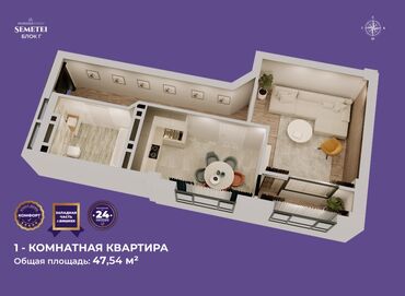 квартира ош хбка: Берилген, Элитка, 1 бөлмө, 47 кв. м