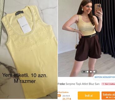 son zeng yupkalari ve renkleri: Yeni etiketli Sarı rəngli, daşlarla bəzədilmiş atlet bluz. S-M