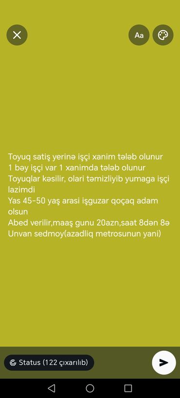 Ev personalı və təmizlik: Xadimə tələb olunur, Gündəlik ödəniş, 46 yaşdan yuxarı