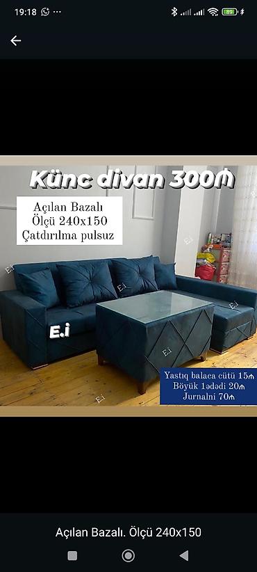 Künc divan – açılan, bazalı model. Ölçü: 240 x 150 sm. Rəng: tünd mavi