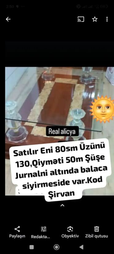 kreditle metbex mebeli: Jurnal masası, İşlənmiş, Açılmayan, Şüşə, Dördbucaq masa