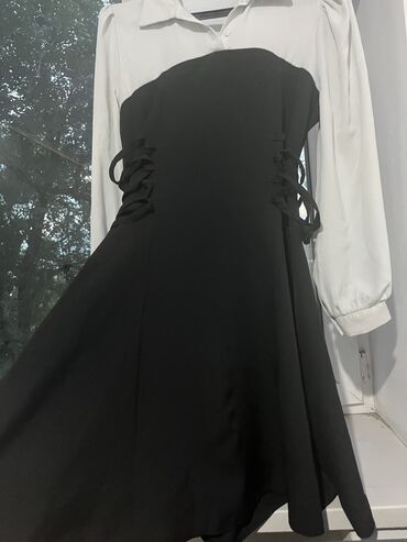 черный пуховик с мехом: Повседневное платье, Осень-весна, Длинная модель, S (EU 36), M (EU 38)